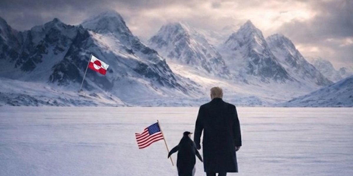 Imagem gerada por IA mostra Donald Trump ao lado de um pinguim na Groenlândia
