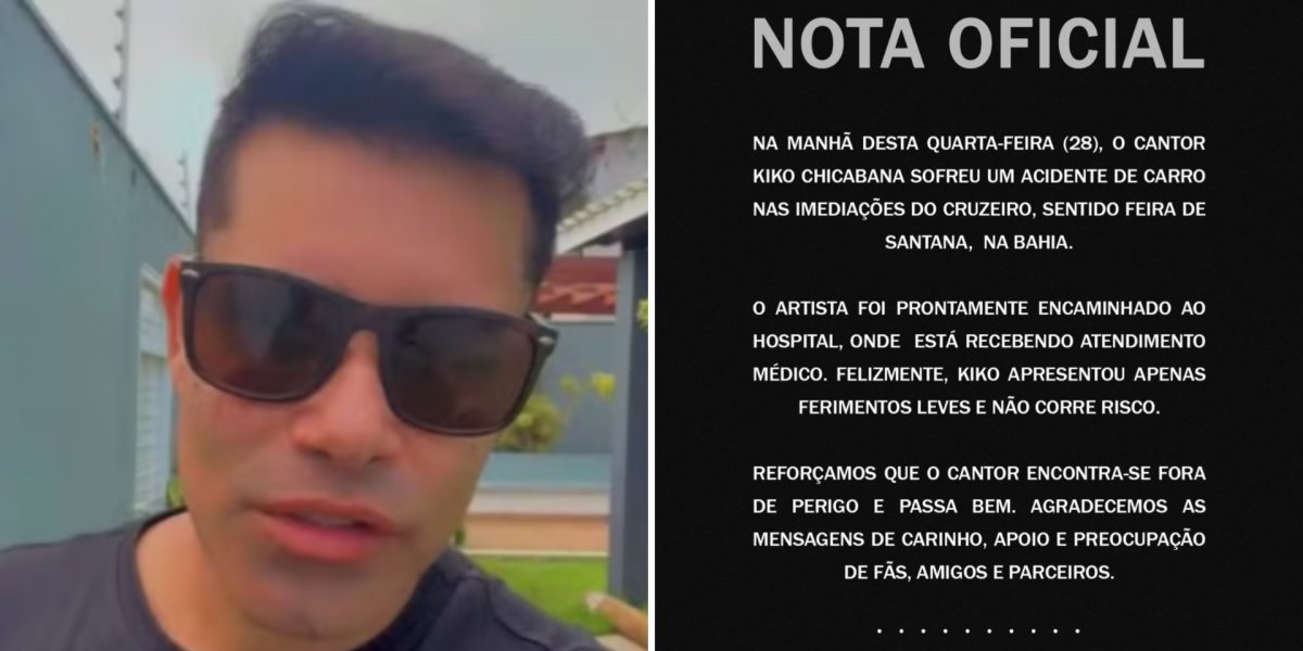 Kiko, vocalista da Chicabana, sofre acidente de carro em Feira de Santana e tranquiliza fãs em vídeo