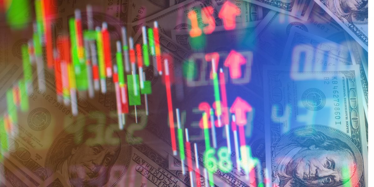 Gráfico de ações e notas de dólar