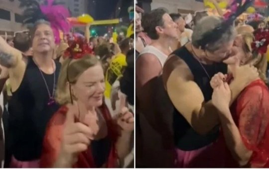 Lindbergh Farias e Gleisi Hoffmann protagonizam beijo durante bloco de Carnaval no Rio