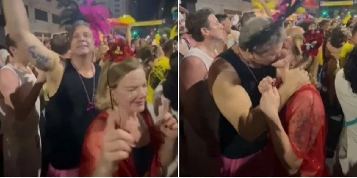 Lindbergh Farias e Gleisi Hoffmann protagonizam beijo durante bloco de Carnaval no Rio