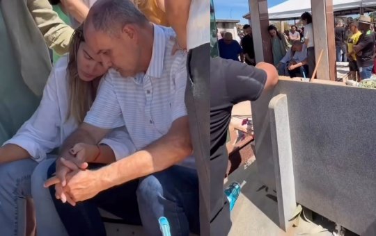 Mãe e avô se despedem de Benício em enterro marcado por comoção em Itumbiara