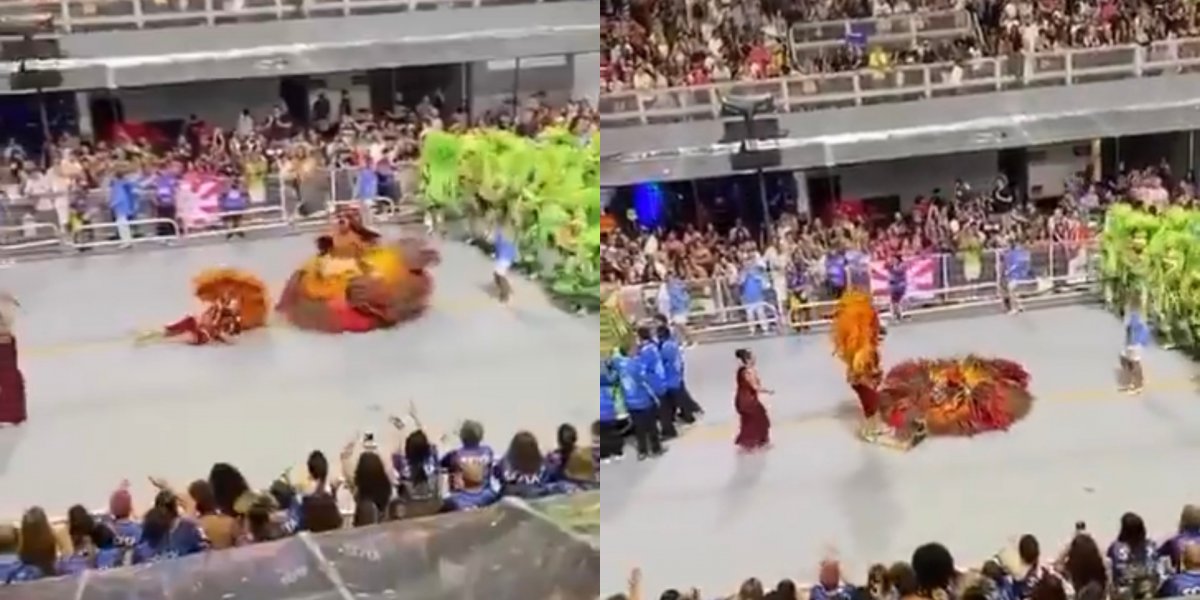 Casal de mestre-sala e porta-bandeira escorrega em óleo durante desfile no Sambódromo