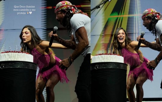 Mari Gonzalez ganha bolo de aniversário durante show de Bell Marques e recebe homenagem no palco