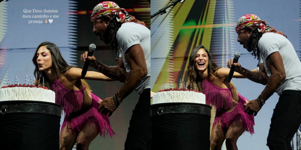 Mari Gonzalez ganha bolo de aniversário durante show de Bell Marques e recebe homenagem no palco