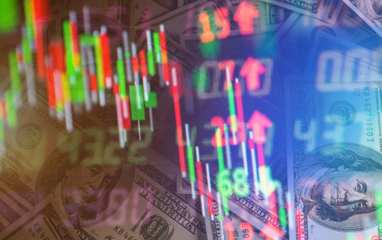 Gráfico de ações e notas de dólar