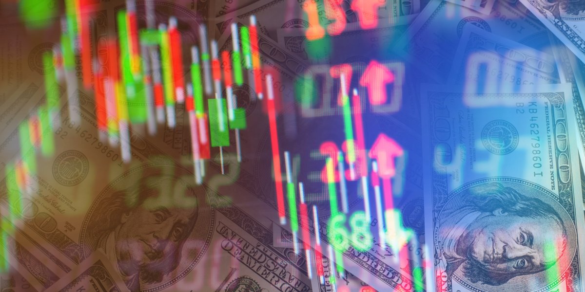 Gráfico de ações e notas de dólar