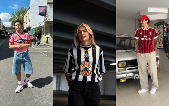 Homem usando camisa da Juventus (Itália), Mulher usando camisa do Newcastle (Inglaterra), Homem usando camisa do Milan (Itália)