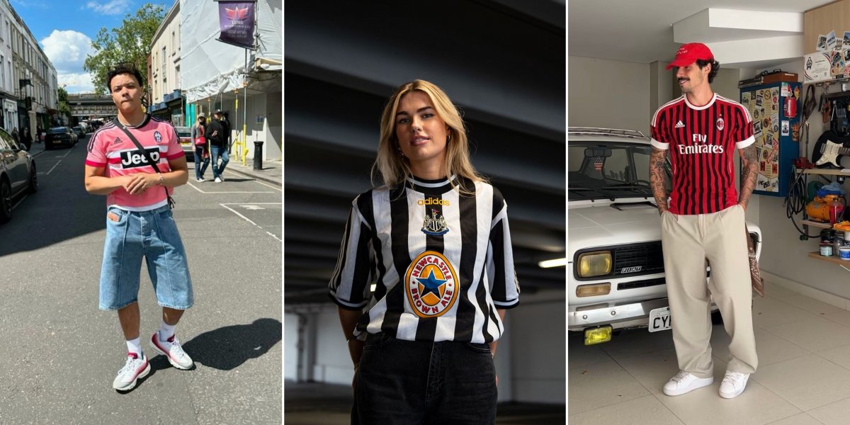 Homem usando camisa da Juventus (Itália), Mulher usando camisa do Newcastle (Inglaterra), Homem usando camisa do Milan (Itália)