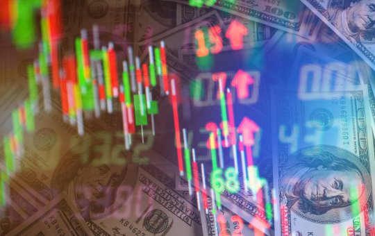 Gráfico de ações e notas de dólar