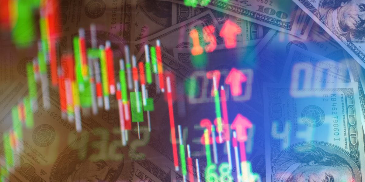 Gráfico de ações e notas de dólar