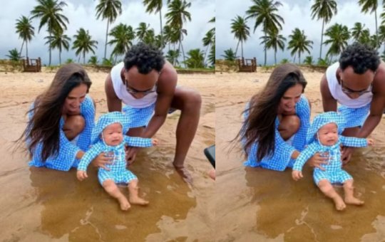 Carol Peixinho e Thiaguinho mostram primeiro banho de mar do filho Bento na Bahia
