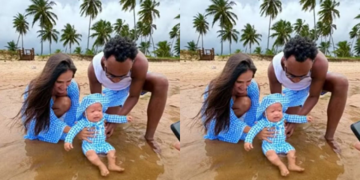 Carol Peixinho e Thiaguinho mostram primeiro banho de mar do filho Bento na Bahia