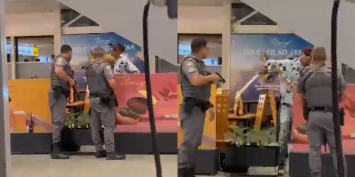 Imagens com policiais usando arma de choque para conter homem com espada em aeroporto