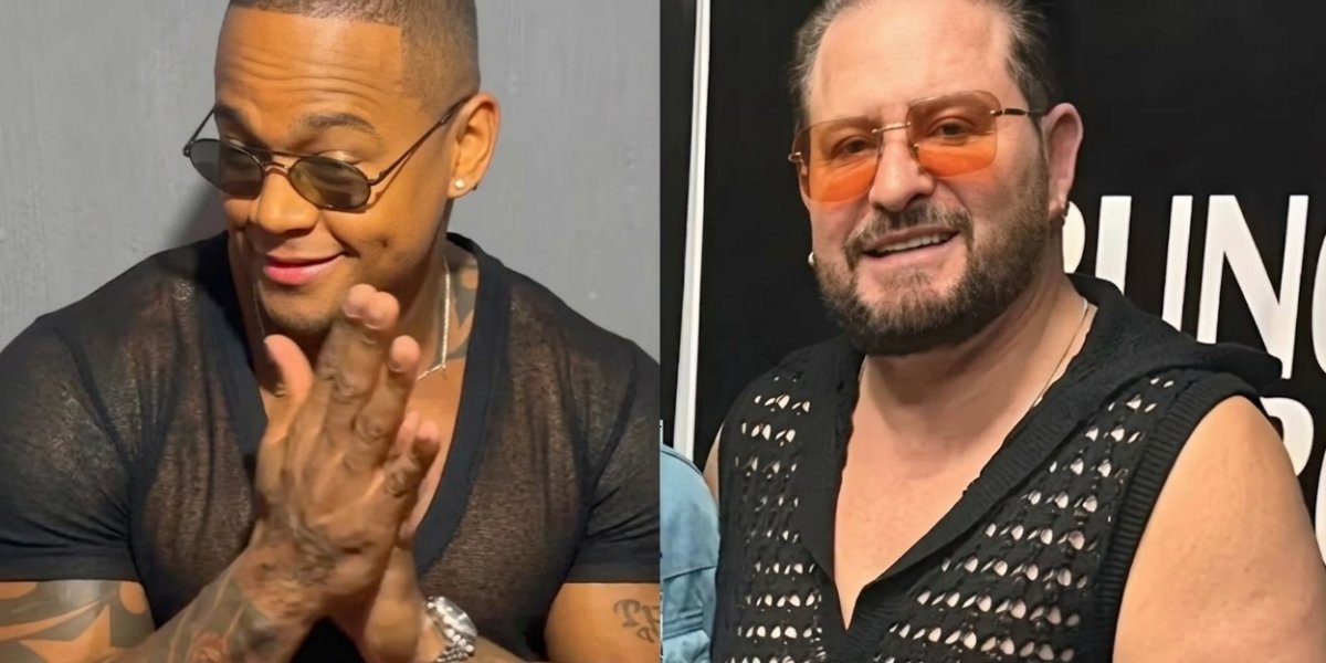 Os cantores Léo Santana e Marrone com blusa transparente