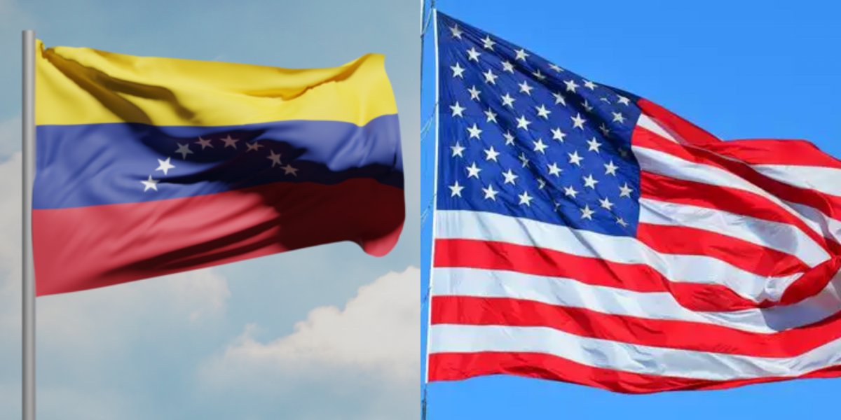 Bandeiras da Venezuela (à esquerda) e dos Estados Unidos (à direita)