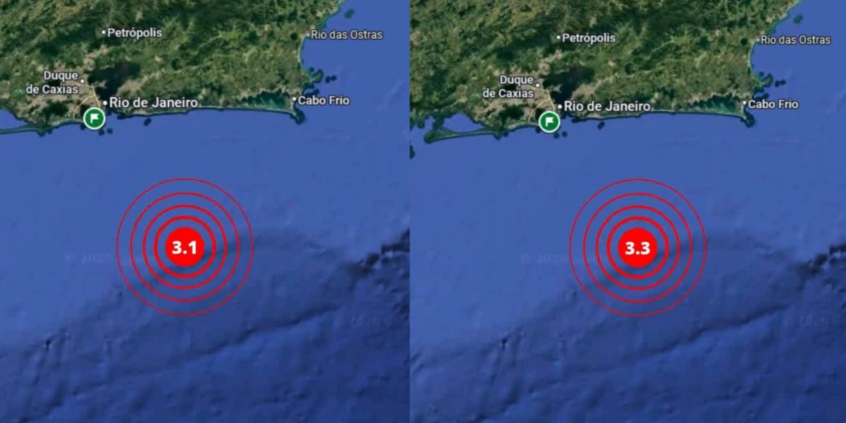 Primeiro tremor teve magnitude 3,3 (imagem à direita); segundo tremor registrou 3,1 (imagem à esquerda)
