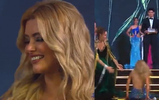 Miss Brasil se desequilibra e cai no palco durante premiação ao vivo