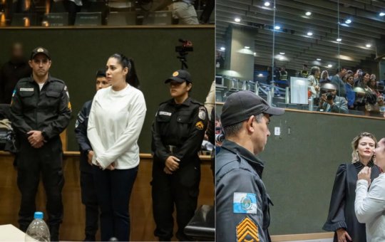 Monique Medeiros faz gesto de coração para familiares após receber perdão judicial no caso Henry Borel