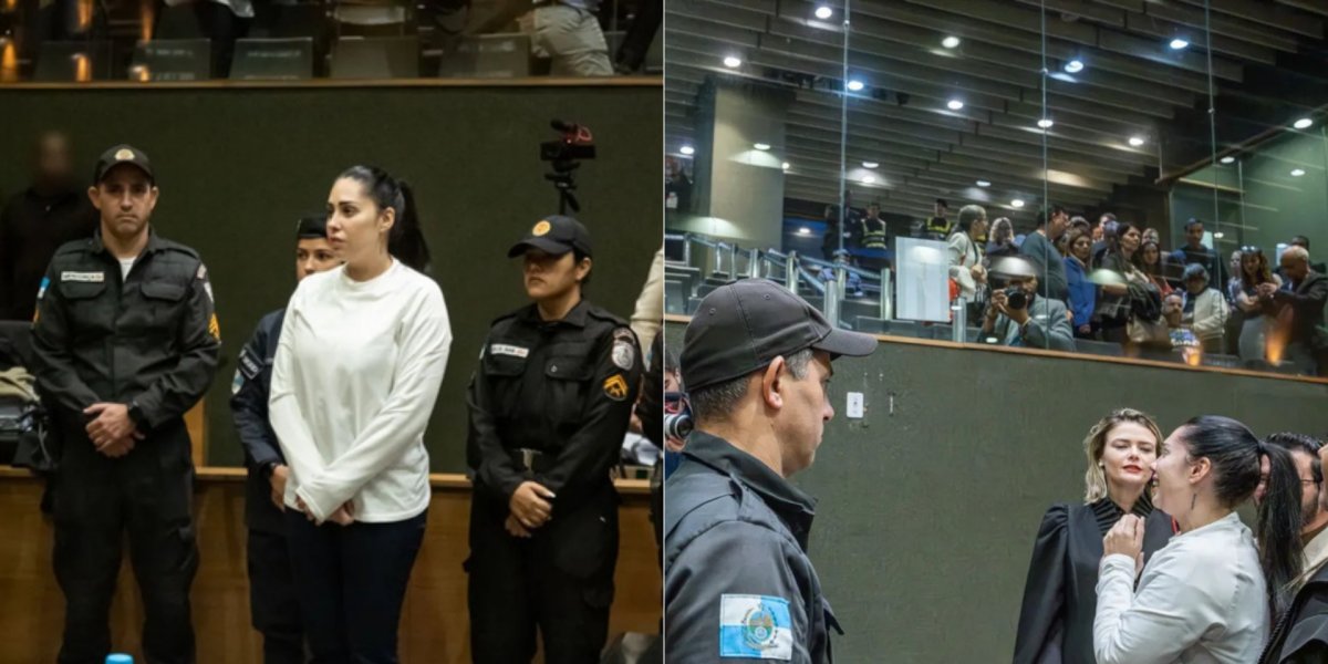 Monique Medeiros faz gesto de coração para familiares após receber perdão judicial no caso Henry Borel