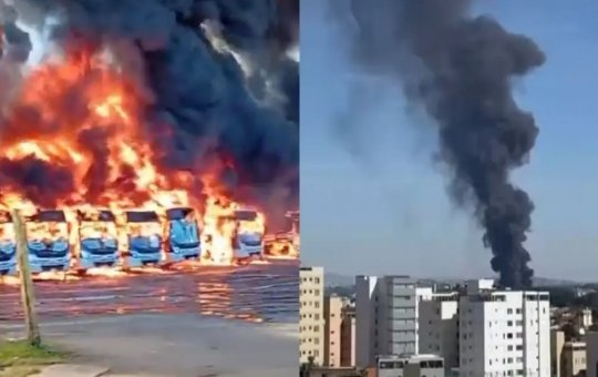 Incêndio de grande proporção em garagem destrói 27 ônibus em BH