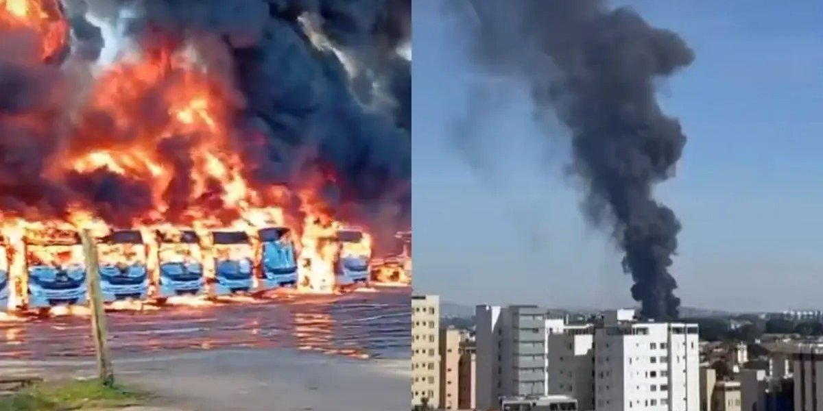 Incêndio de grande proporção em garagem destrói 27 ônibus em BH