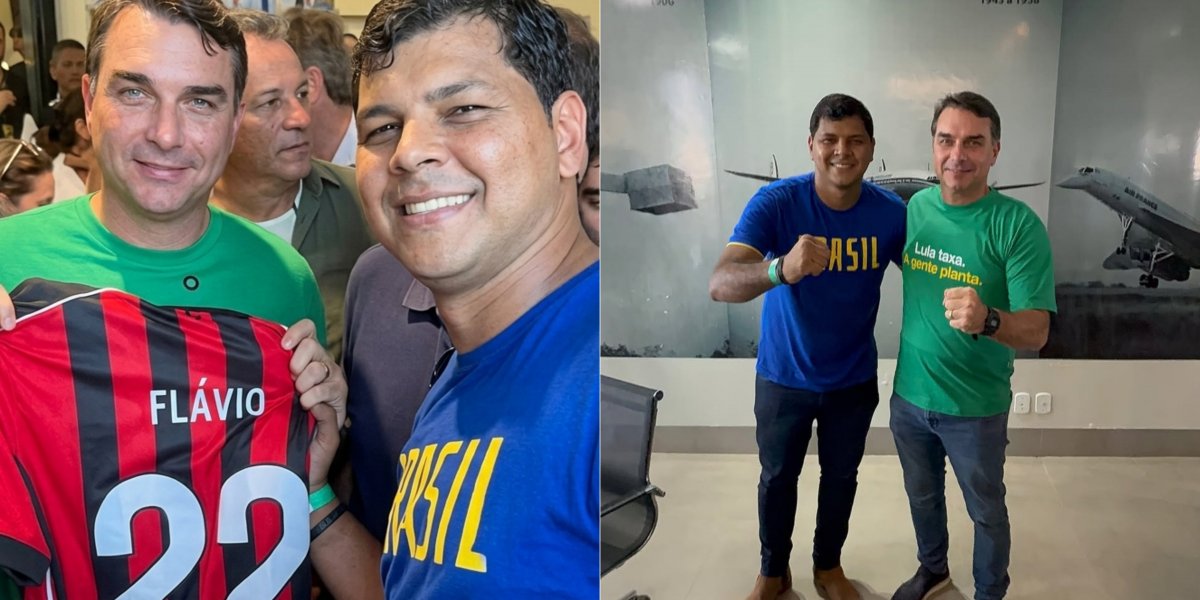 Deputado baiano presenteia Flávio Bolsonaro com camisa do Vitória: 'Única hipótese que uso vermelho'