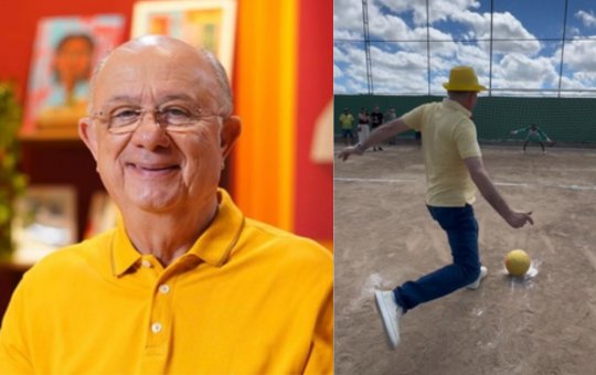 Prefeito de Feira de Santana, José Ronaldo escorrega e cai após bater pênalti