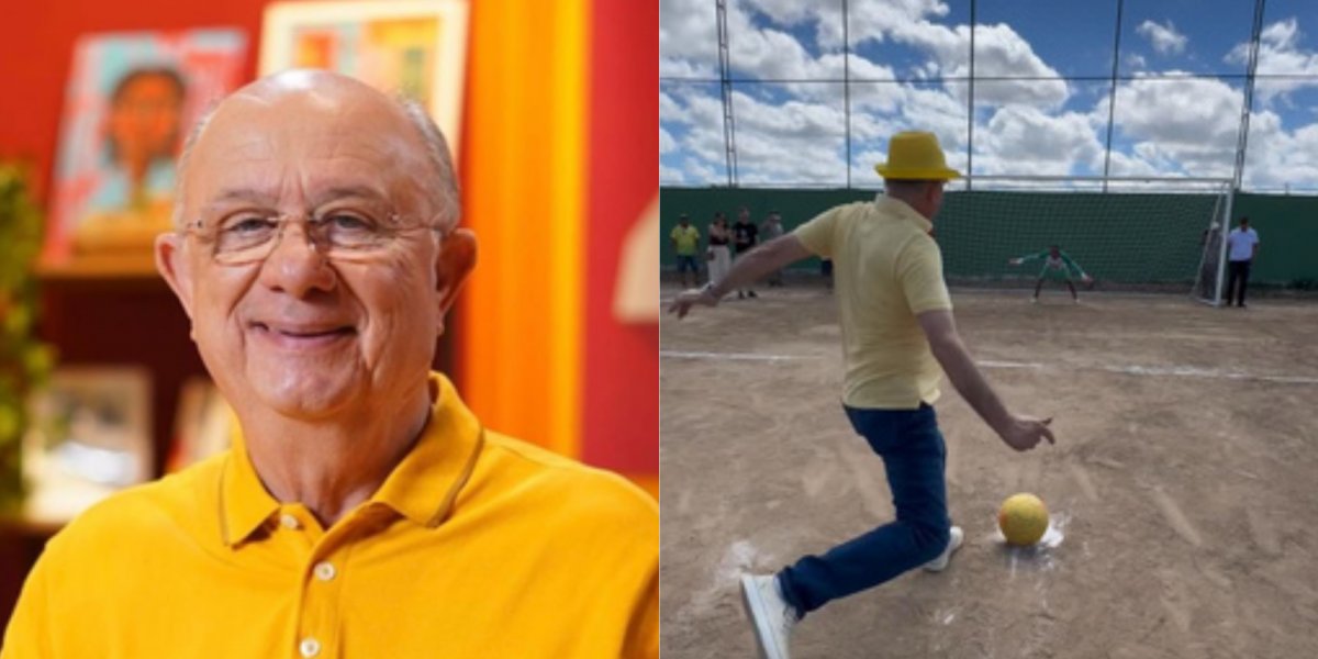 Prefeito de Feira de Santana, José Ronaldo escorrega e cai após bater pênalti 