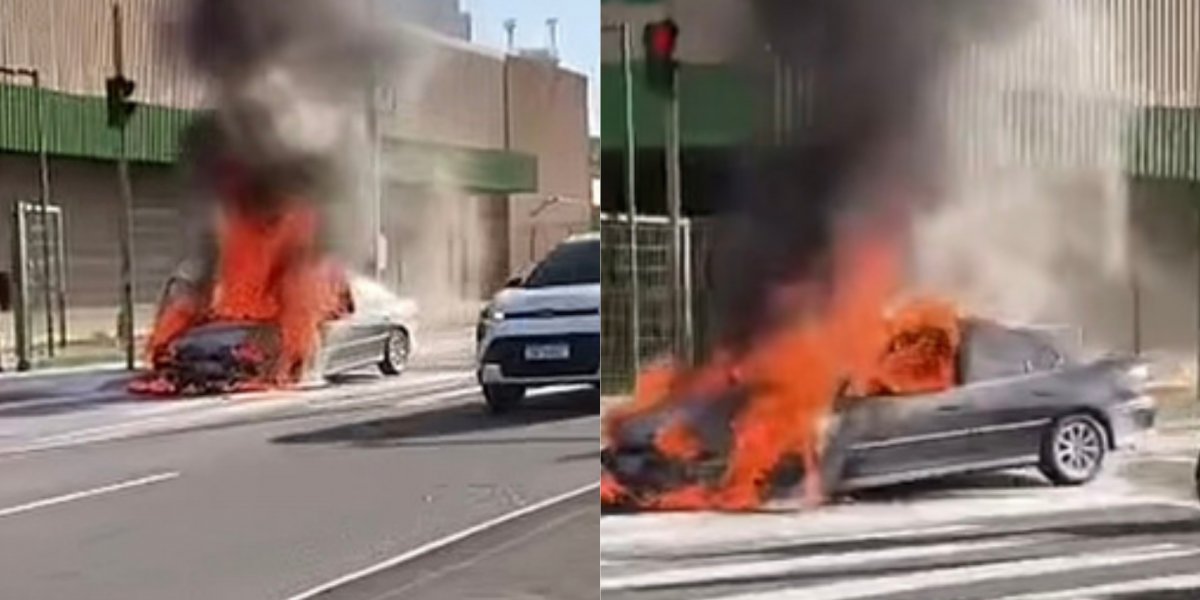 Carro pega fogo em frente a supermercado e interdita parcialmente via em Salvador