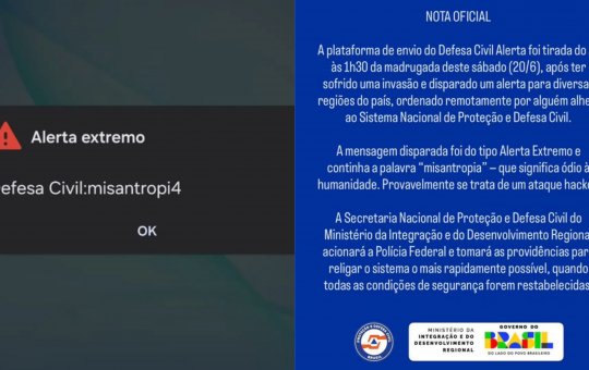 Defesa Civil se pronuncia após “misantropia” e diz que alarme foi causado por invasão no sistema
