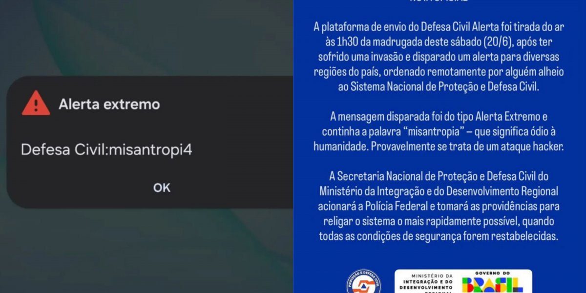Defesa Civil se pronuncia após “misantropia” e diz que alarme foi causado por invasão no sistema