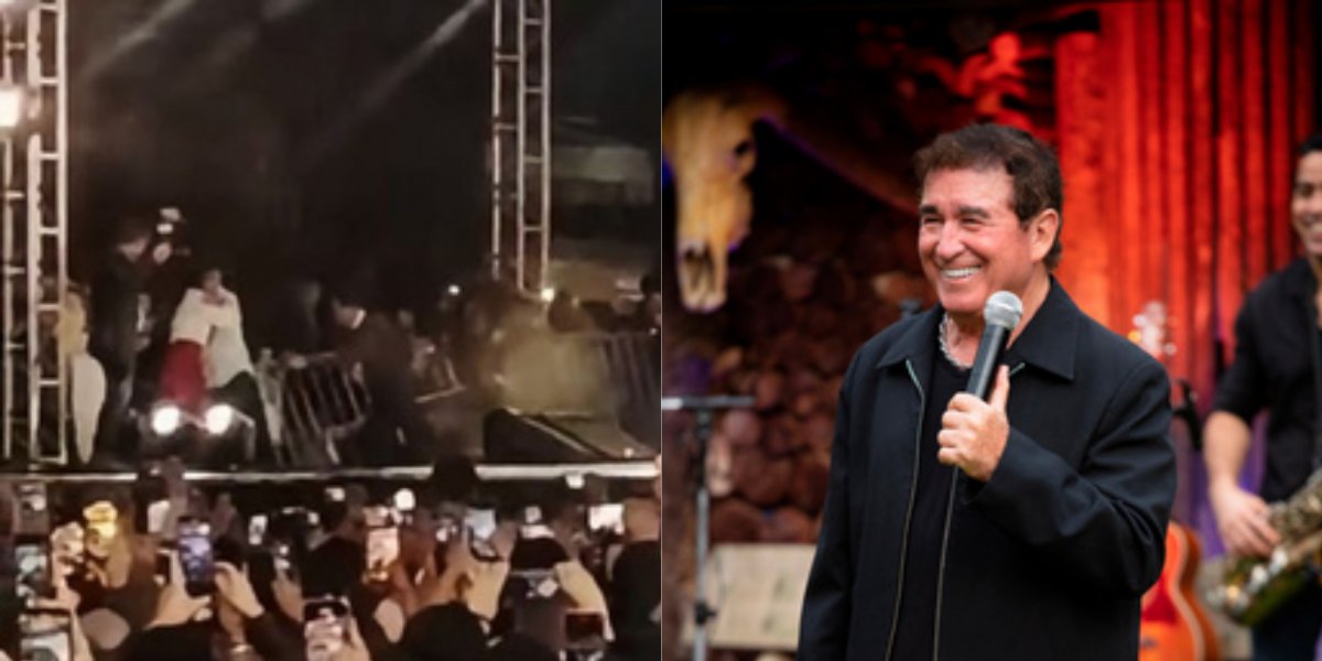 Estrutura do palco cede durante show de Amado Batista no São João de Itapetinga, na Bahia 