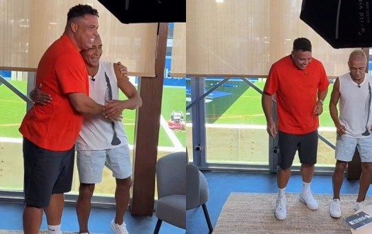 Em clima descontraído, Ronaldo ensina passos de dança a Romário durante programa e cena viraliza