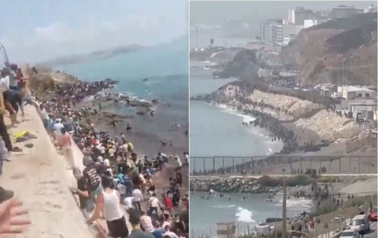 Multidão rompe barreiras e invade cidade da Espanha após travessia em massa vinda do Marrocos