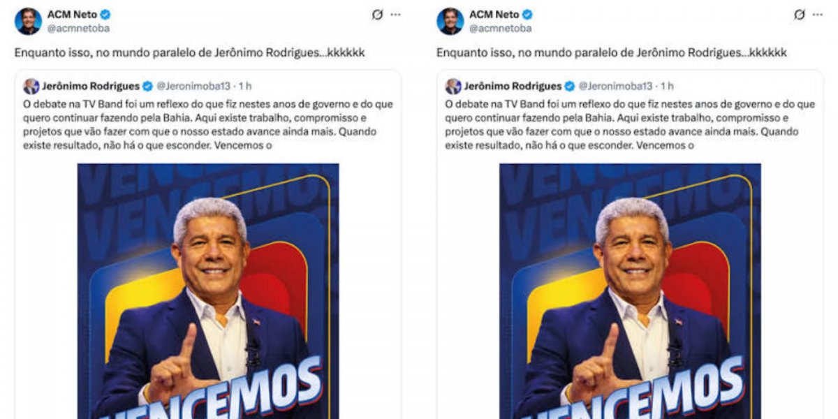 “Mundo paralelo”: ACM Neto ironiza Jerônimo após governador afirmar que venceu debate