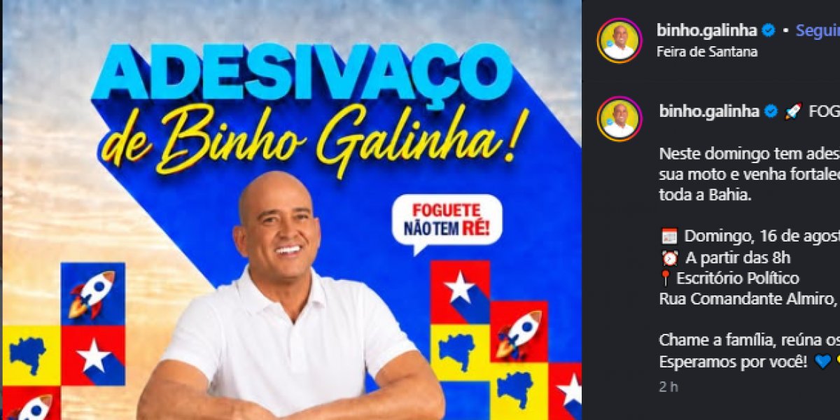 Mesmo sem registro confirmado, Binho Galinha anuncia adesivaço de campanha em Feira