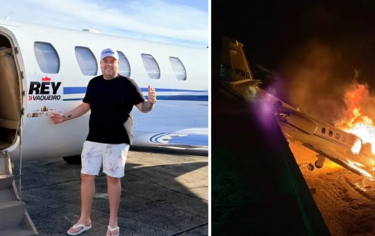 Avião com cantor Rey Vaqueiro sai da pista e pega fogo durante pouso no RN; ninguém fica ferido