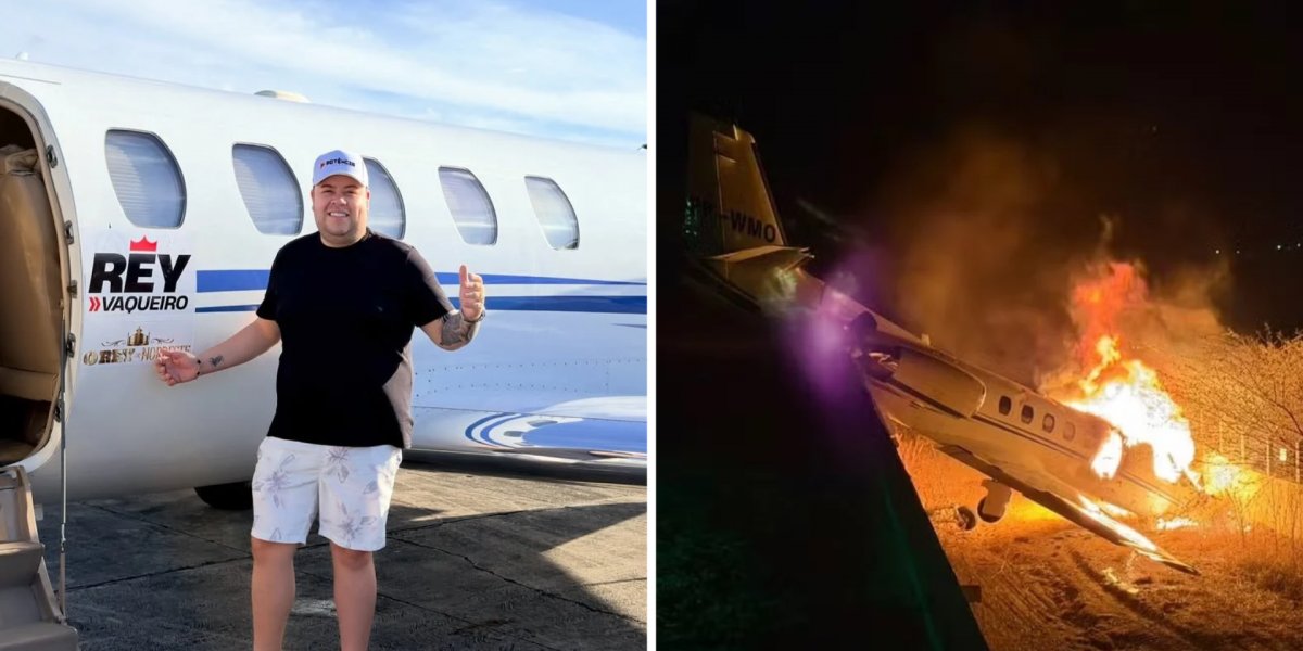 Avião com cantor Rey Vaqueiro sai da pista e pega fogo durante pouso no RN; ninguém fica ferido
