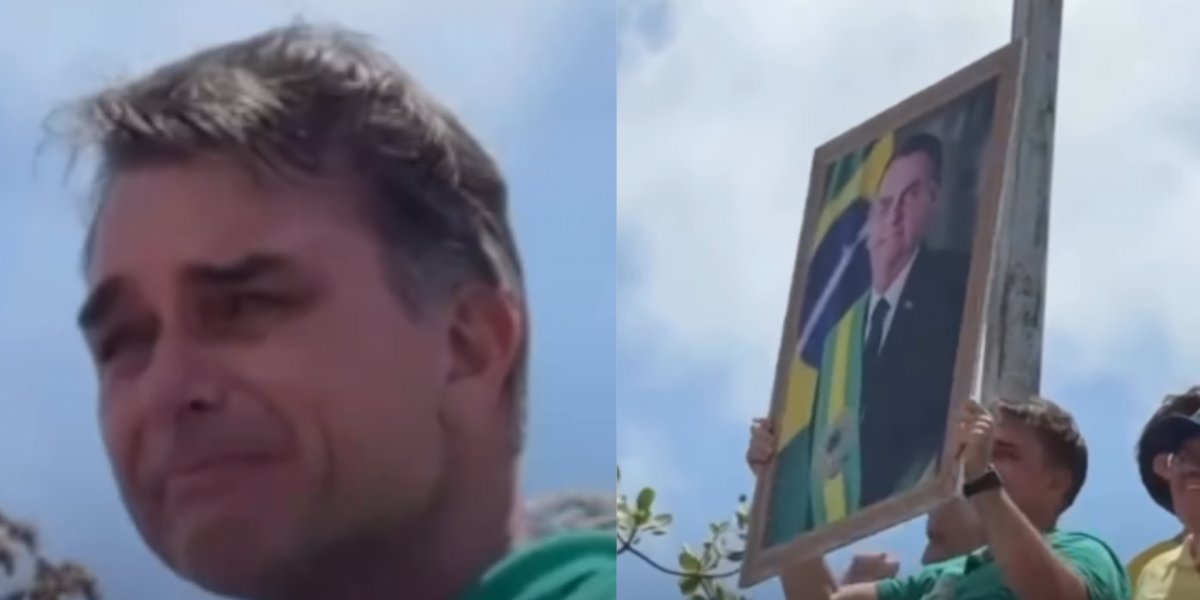 Flávio Bolsonaro chora em comício no Maranhão ao erguer foto do pai