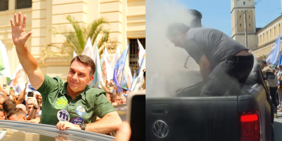 Carro de som pega fogo durante ato de Flávio Bolsonaro em São Paulo