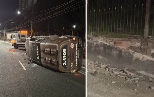 Viatura da Rondesp colide em muro e capota em Salvador