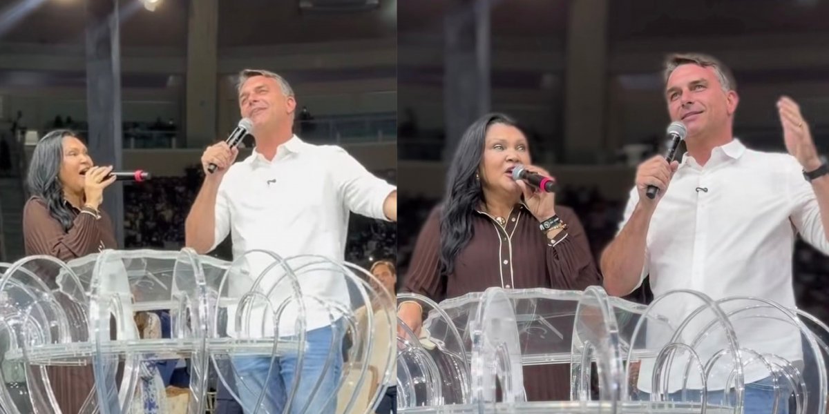 Flávio Bolsonaro canta louvor durante evento religioso no Rio de Janeiro