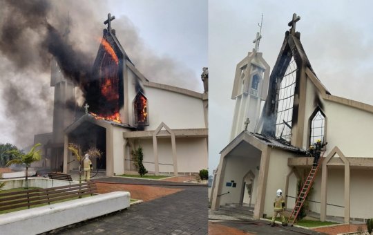 Incêndio de grandes proporções atinge Igreja Matriz em Santa Catarina; estrutura fica severamente danificada