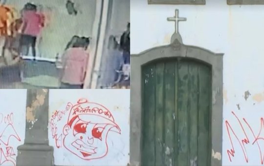 Homens são flagrados pichando Paróquia de Sant'Ana, no Rio Vermelho